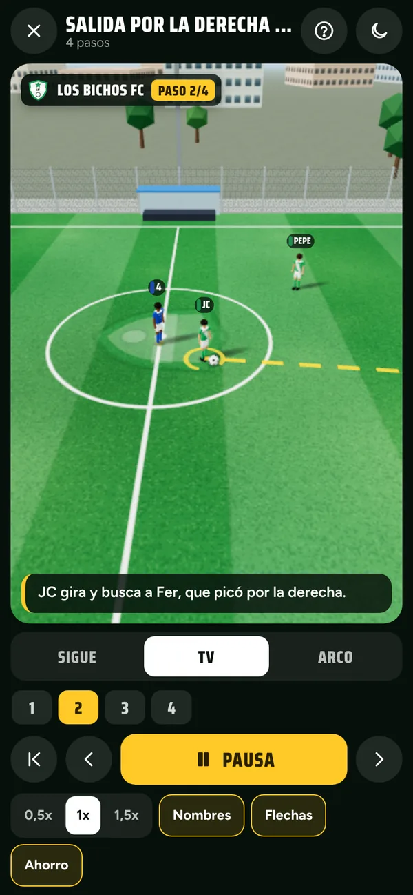 La jugada en 3D en un celular, con cámara de TV y el nombre de cada jugador