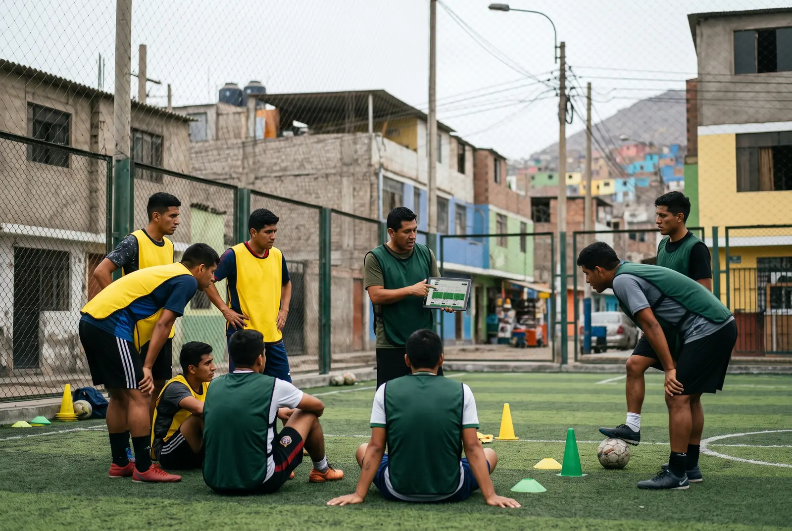 El profe muestra un ejercicio en la tablet a su equipo, sentados en la cancha